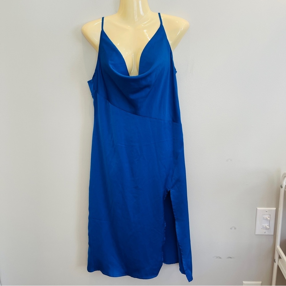 COWL NECK SLIT MIDI DRESS Elegant Blue Satin Dress Size Medium per measurements